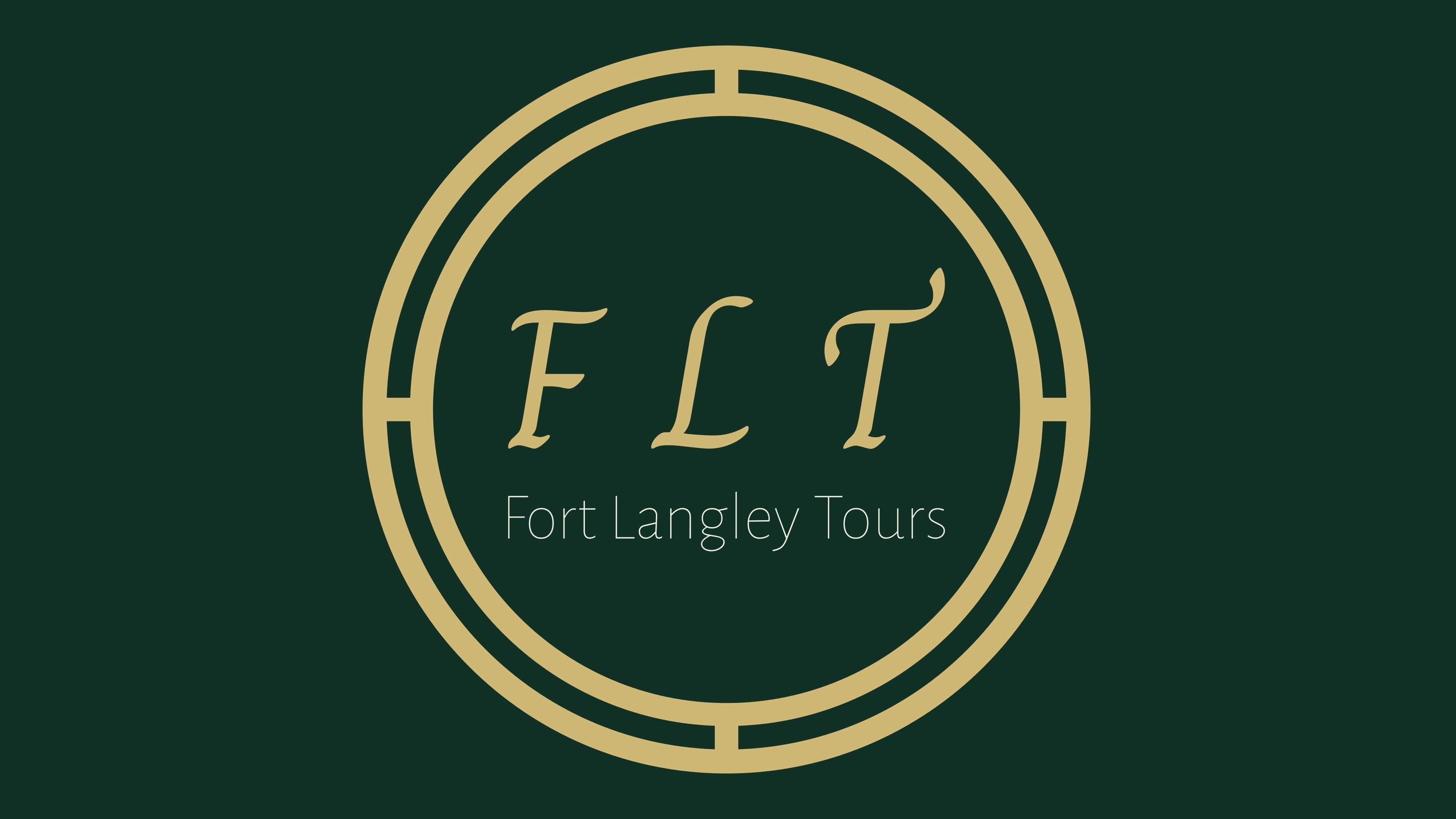A gold circular logo with the letters "FLT" and the text "Fort Langley Tours" on a dark green background.