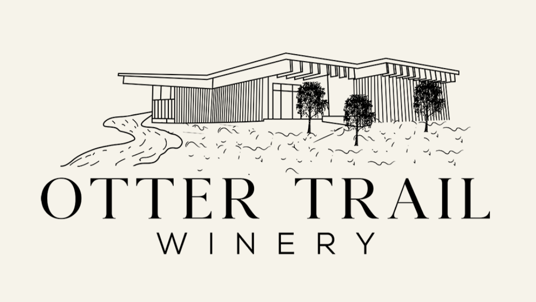 Black and white line drawing of a modern building with trees, a path, and the text “Otter Trail Winery” below the illustration.