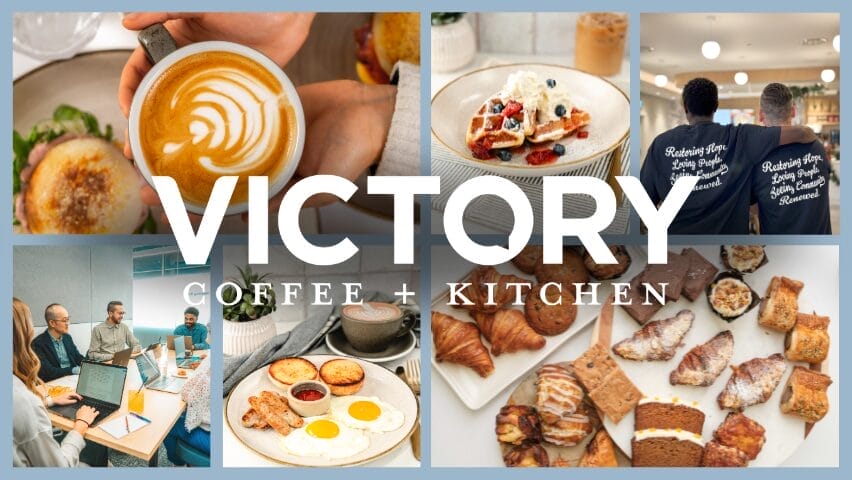 A collage of coffee drinks, breakfast dishes, pastries, a business meeting, and two employees, with text overlay reading "VICTORY COFFEE + KITCHEN.