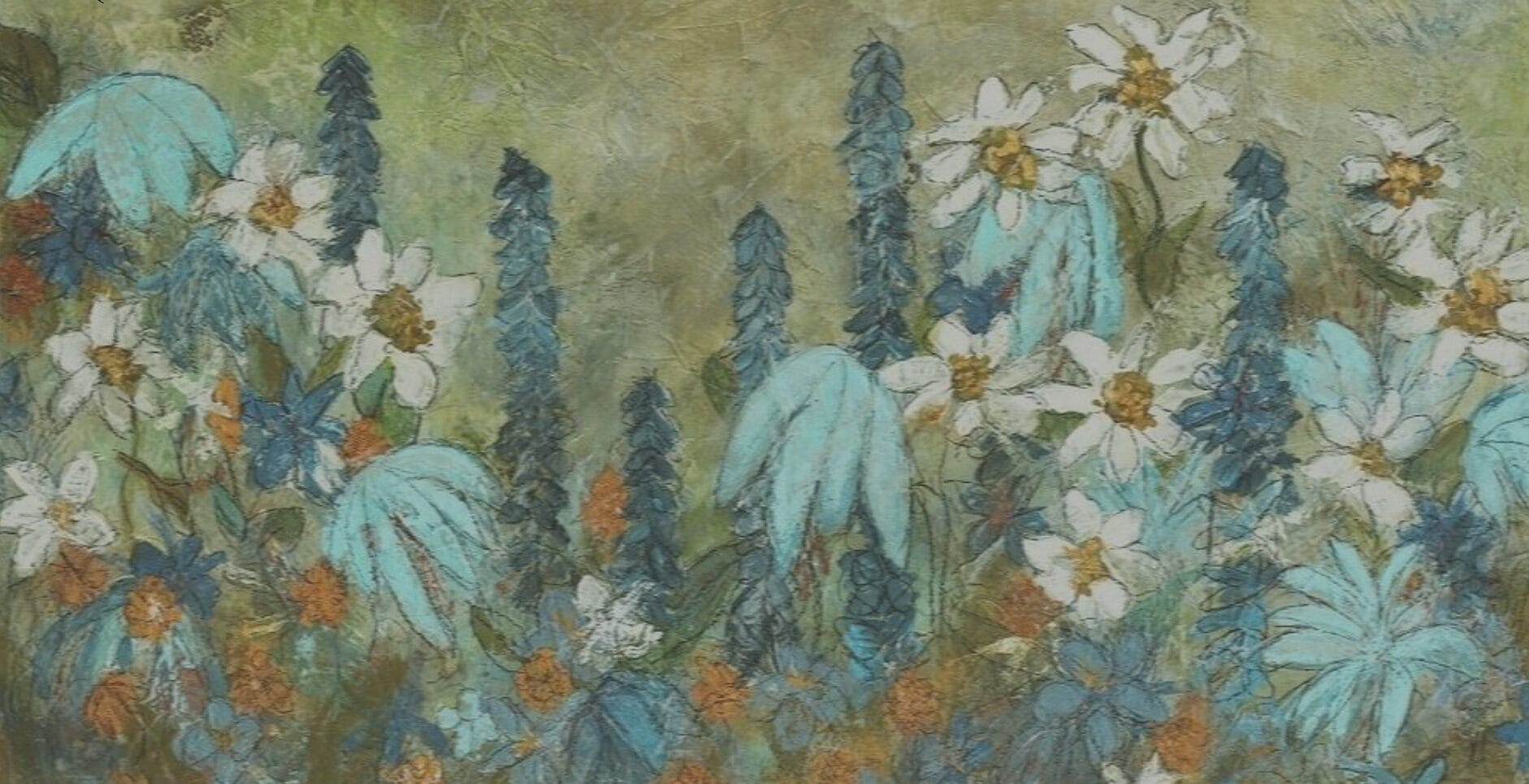 A painting of wildflowers featuring blue leaves, white daisies, and tall blue spikes against a green and brown textured background.